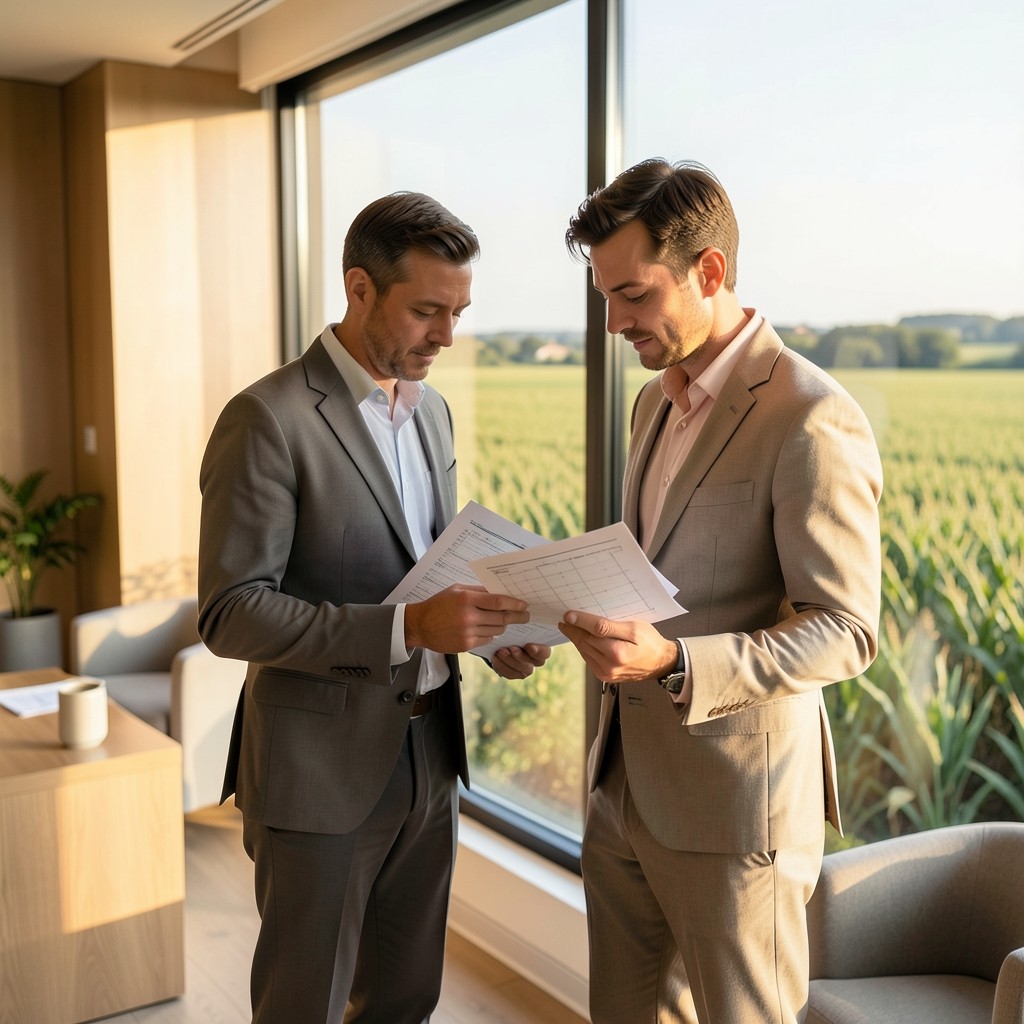 Two colleagues reviewing printed harvest charts near a window overlooking farmland