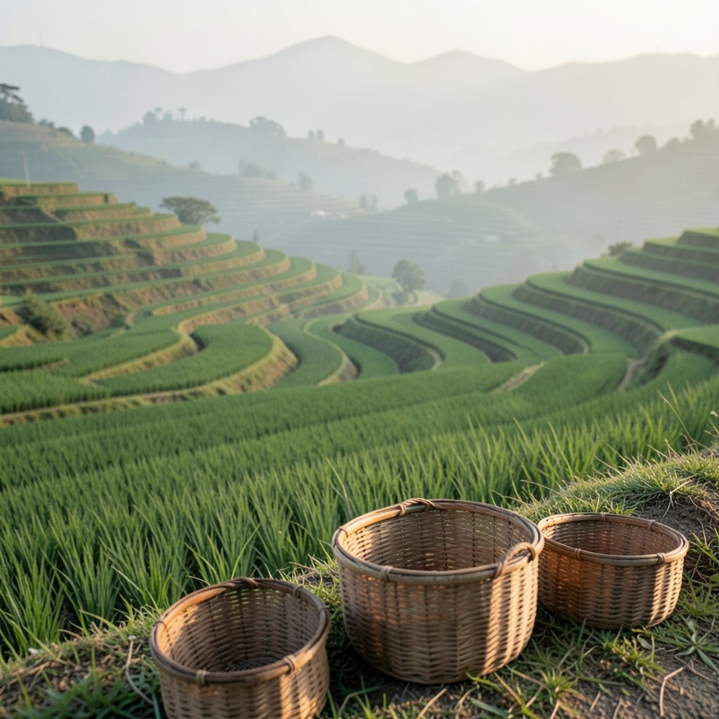 Terraced farmland under soft morning light with harvest baskets at the field edge