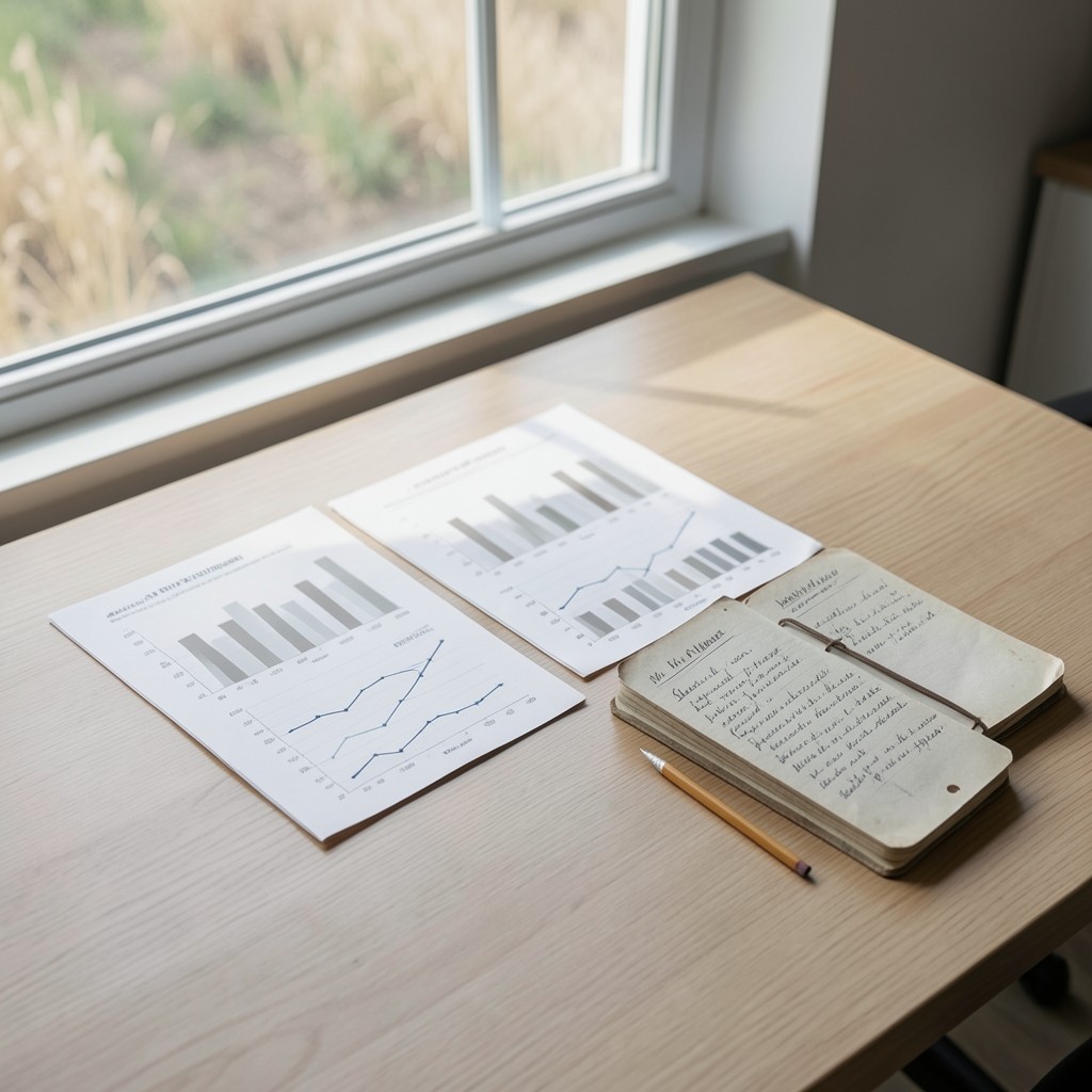 Printed yield charts beside harvest weight notebooks on a wooden table