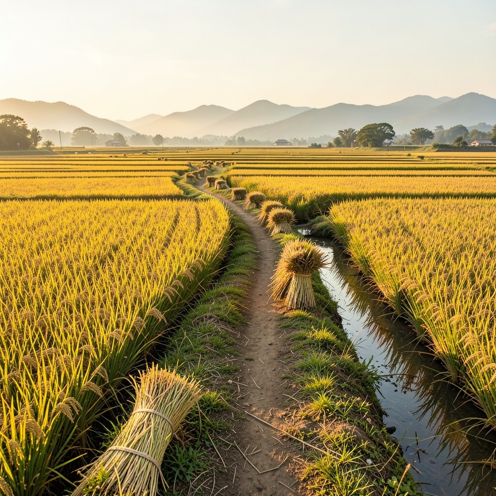 Rice paddies at harvest with bundled sheaves along a narrow path